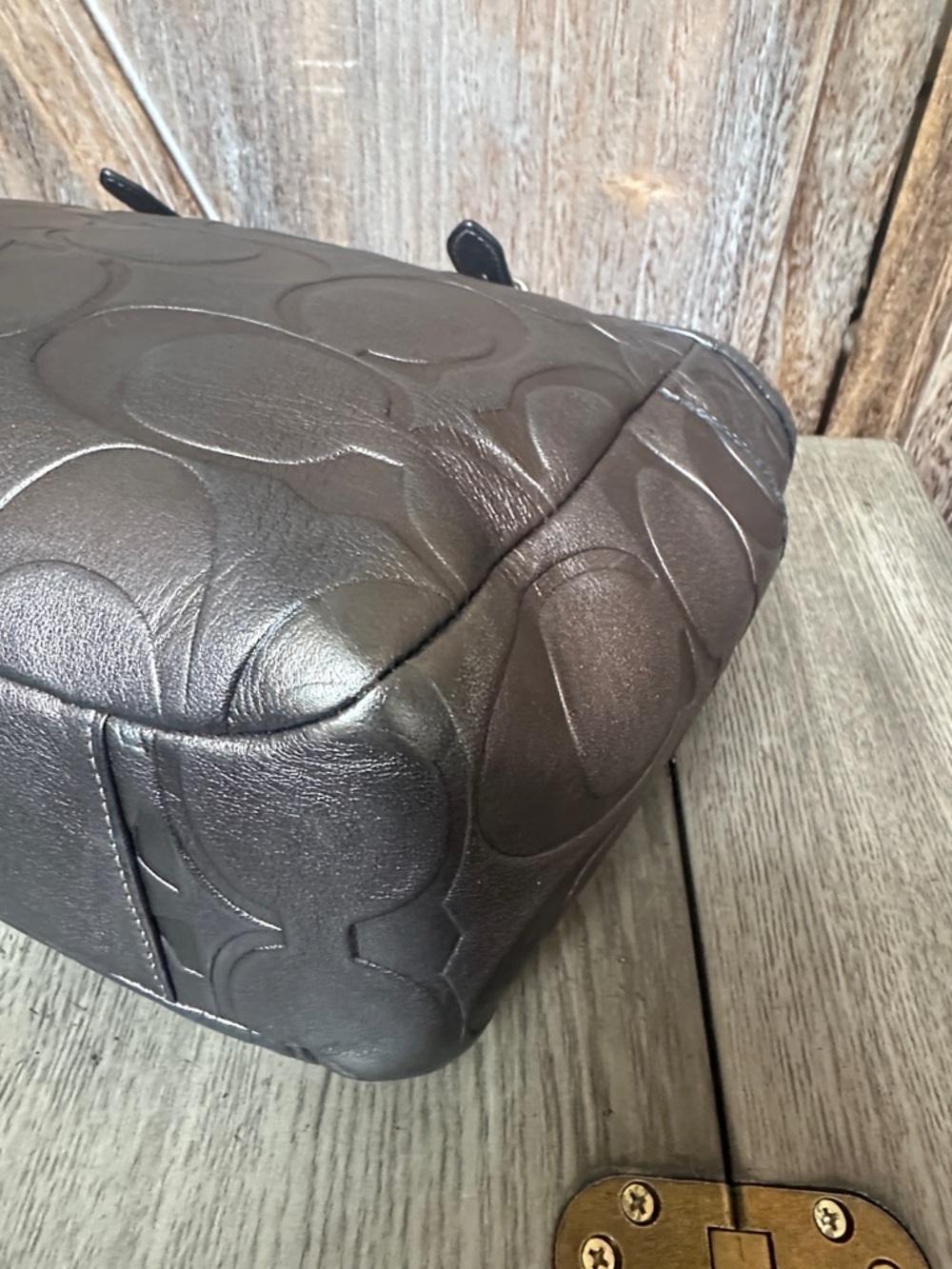 Coach F1049-F15242 Metallic Gray Gunmetal Embossed Leather Satchel Tote Bag - Picture 7 of 16